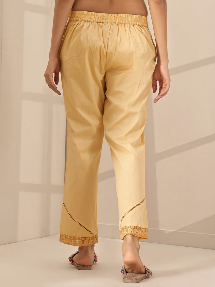 Beige Self Design Cotton Trousers