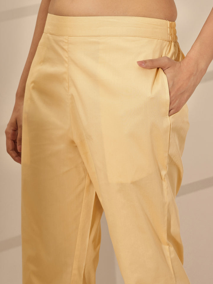 Beige Self Design Cotton Trousers