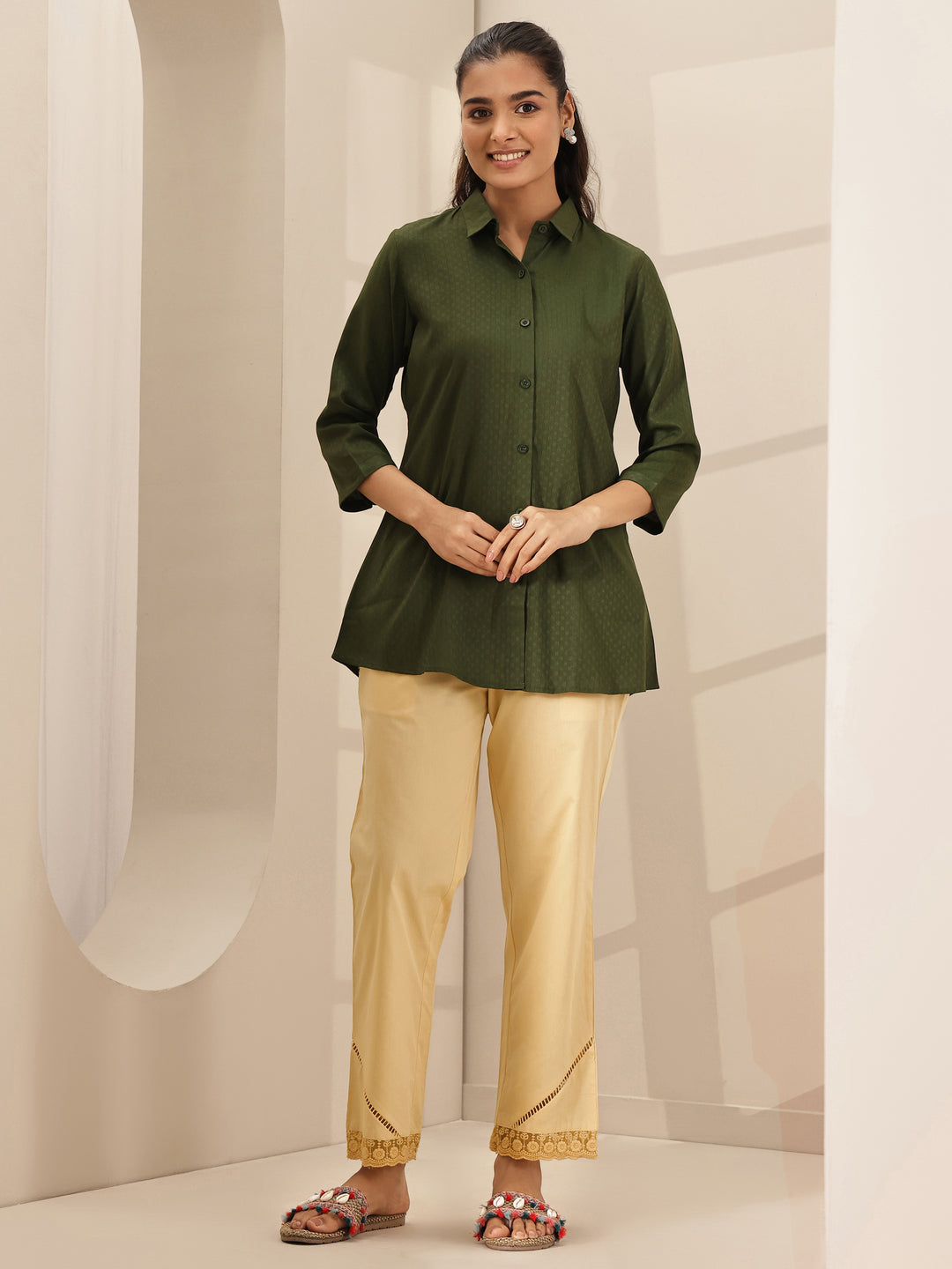 Beige Self Design Cotton Trousers