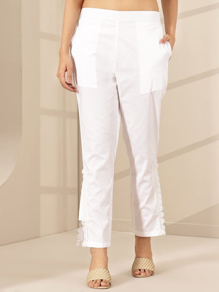 White Self Design Cotton Trousers