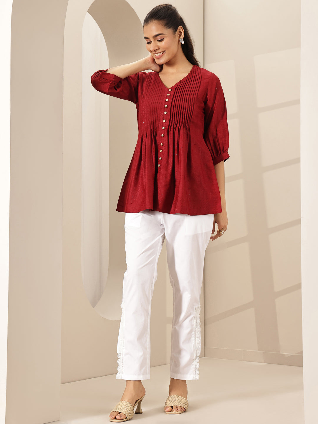 White Self Design Cotton Trousers