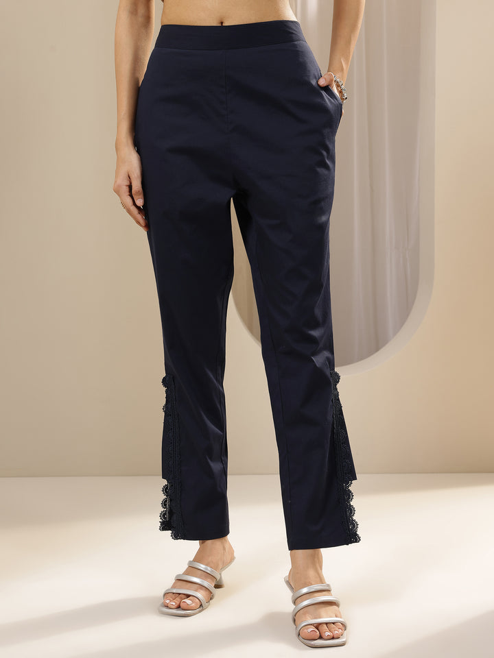Blue Self Design Cotton Trousers