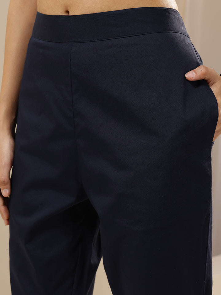 Blue Self Design Cotton Trousers