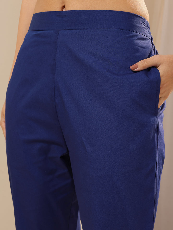 Blue Self Design Cotton Trousers