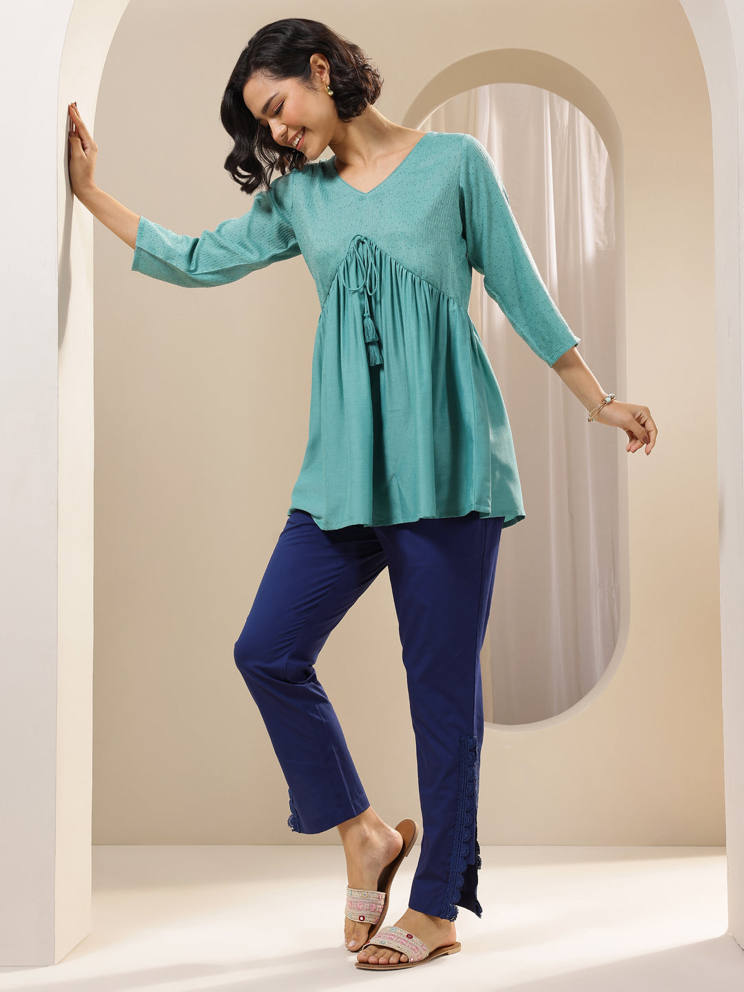 Blue Self Design Cotton Trousers