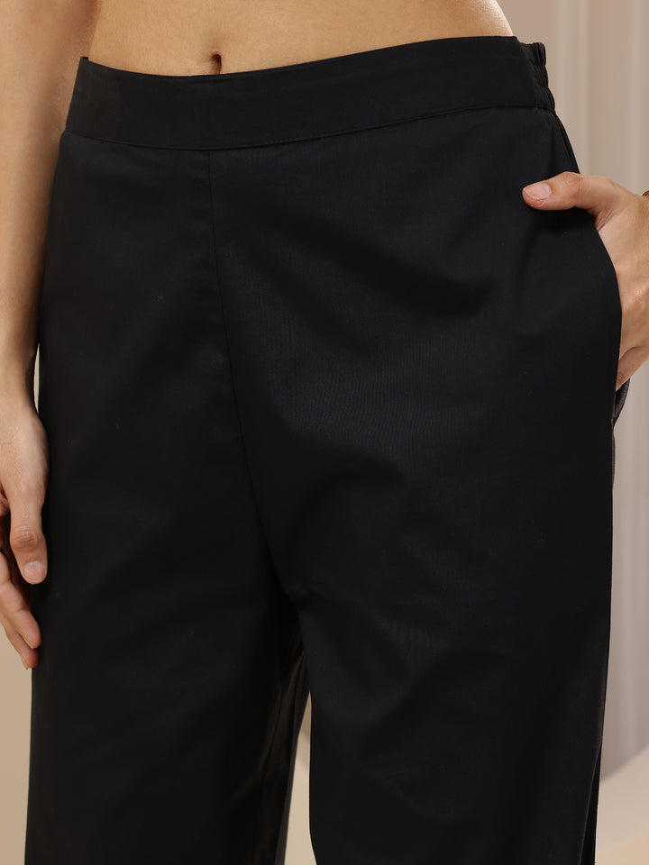 Black Solid Cotton Trousers