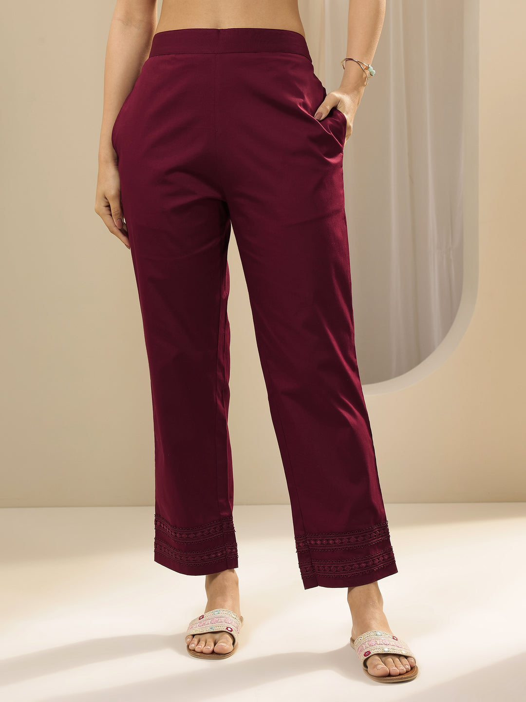 Maroon Solid Cotton Trousers