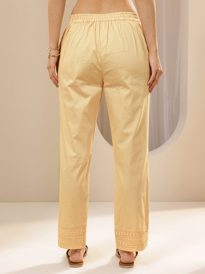 Beige Solid Cotton Trousers