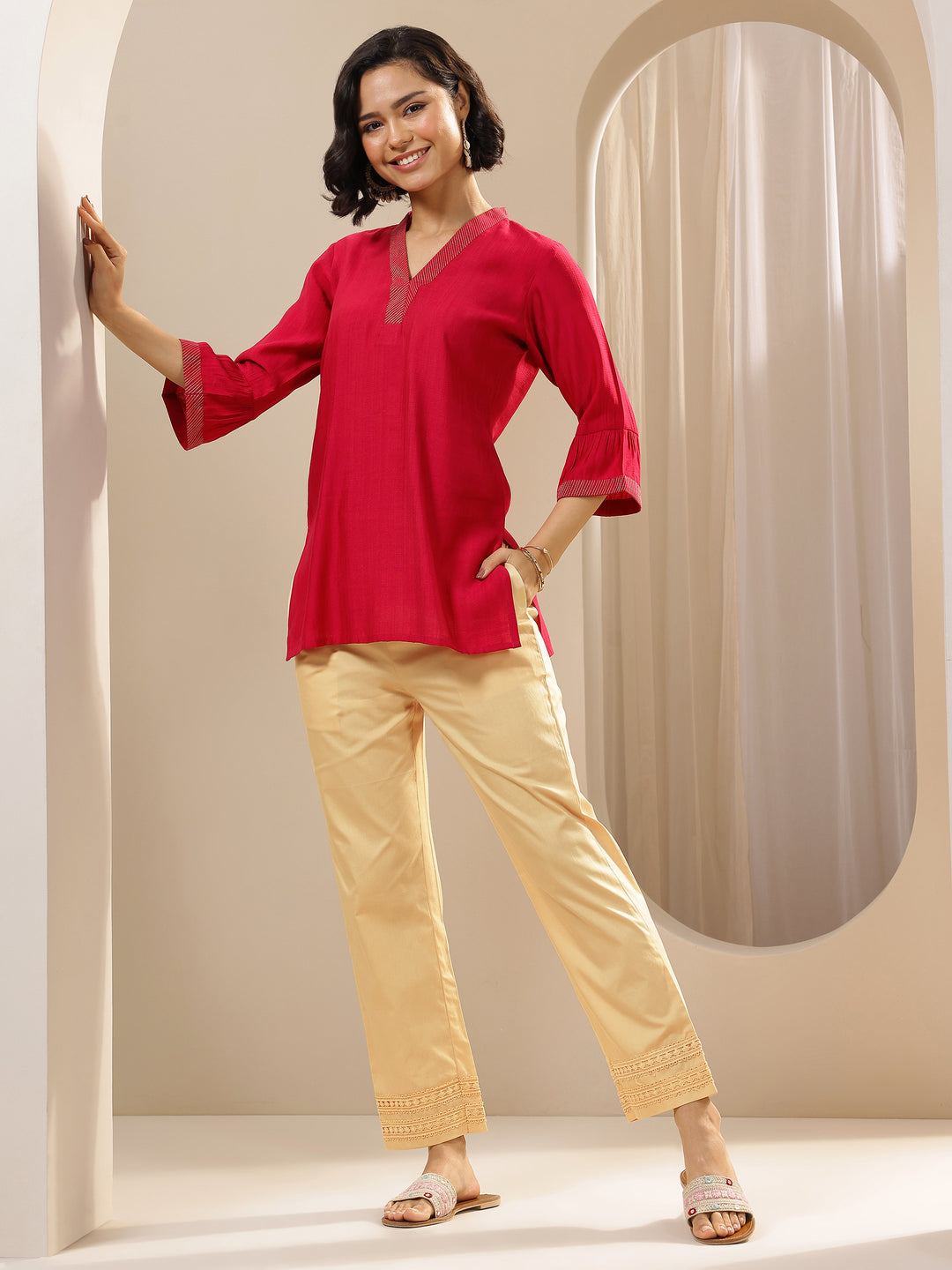 Beige Solid Cotton Trousers