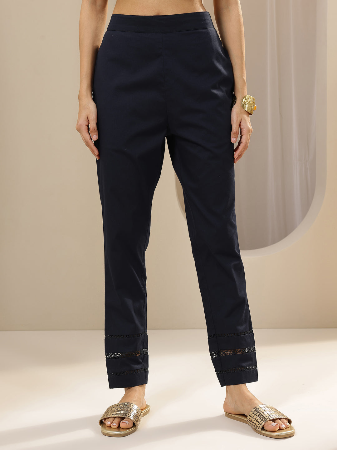 Blue Solid Cotton Trousers