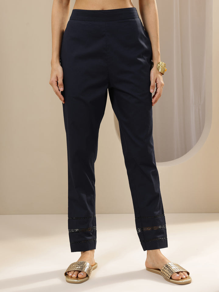 Blue Solid Cotton Trousers