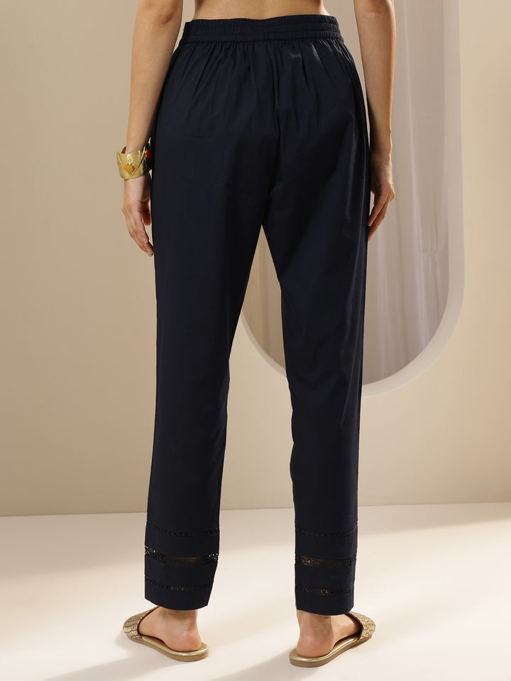 Blue Solid Cotton Trousers