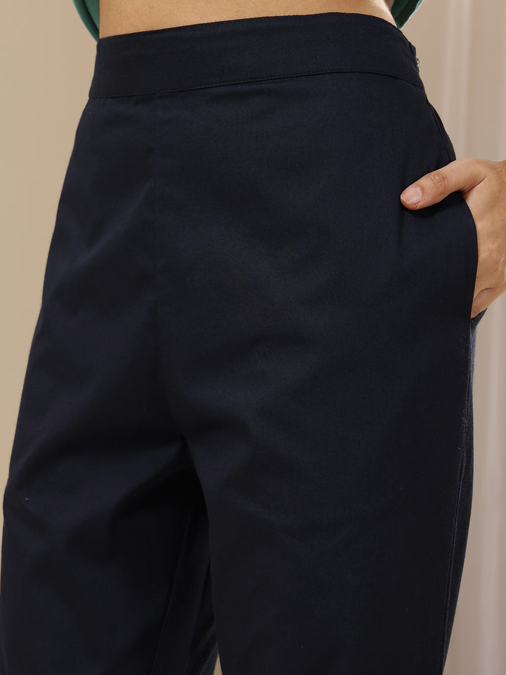 Blue Solid Cotton Trousers