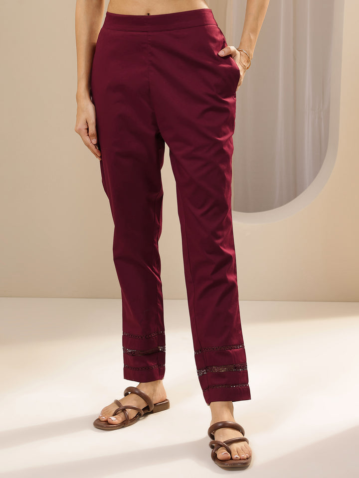 Maroon Solid Cotton Trousers