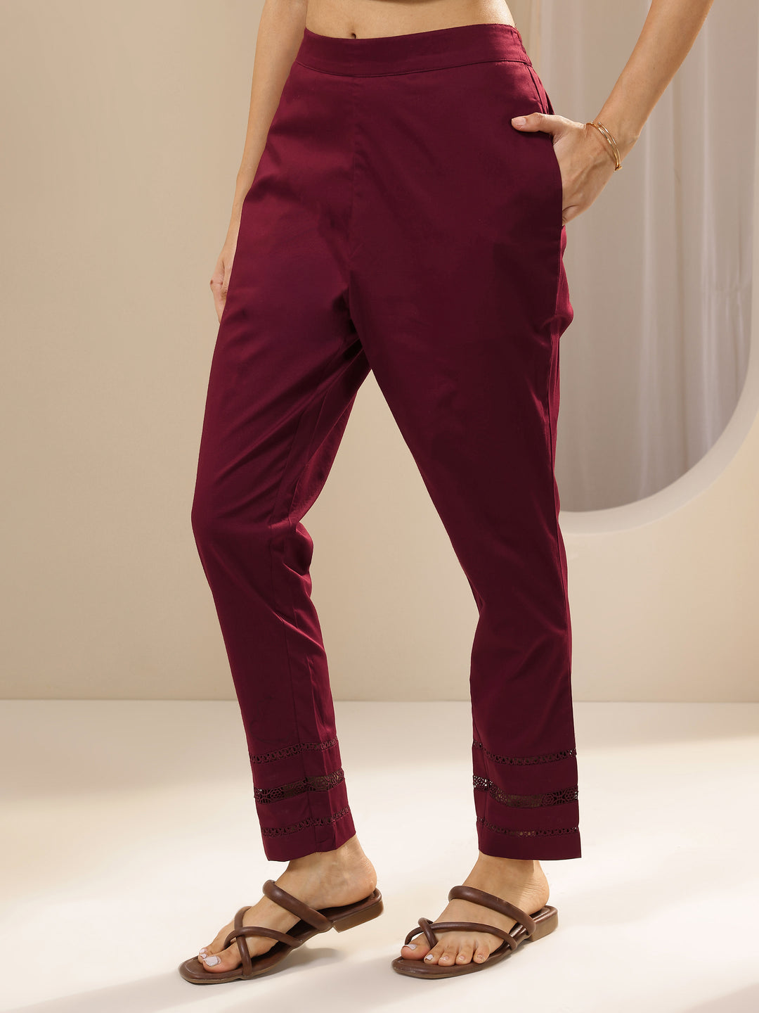 Maroon Solid Cotton Trousers
