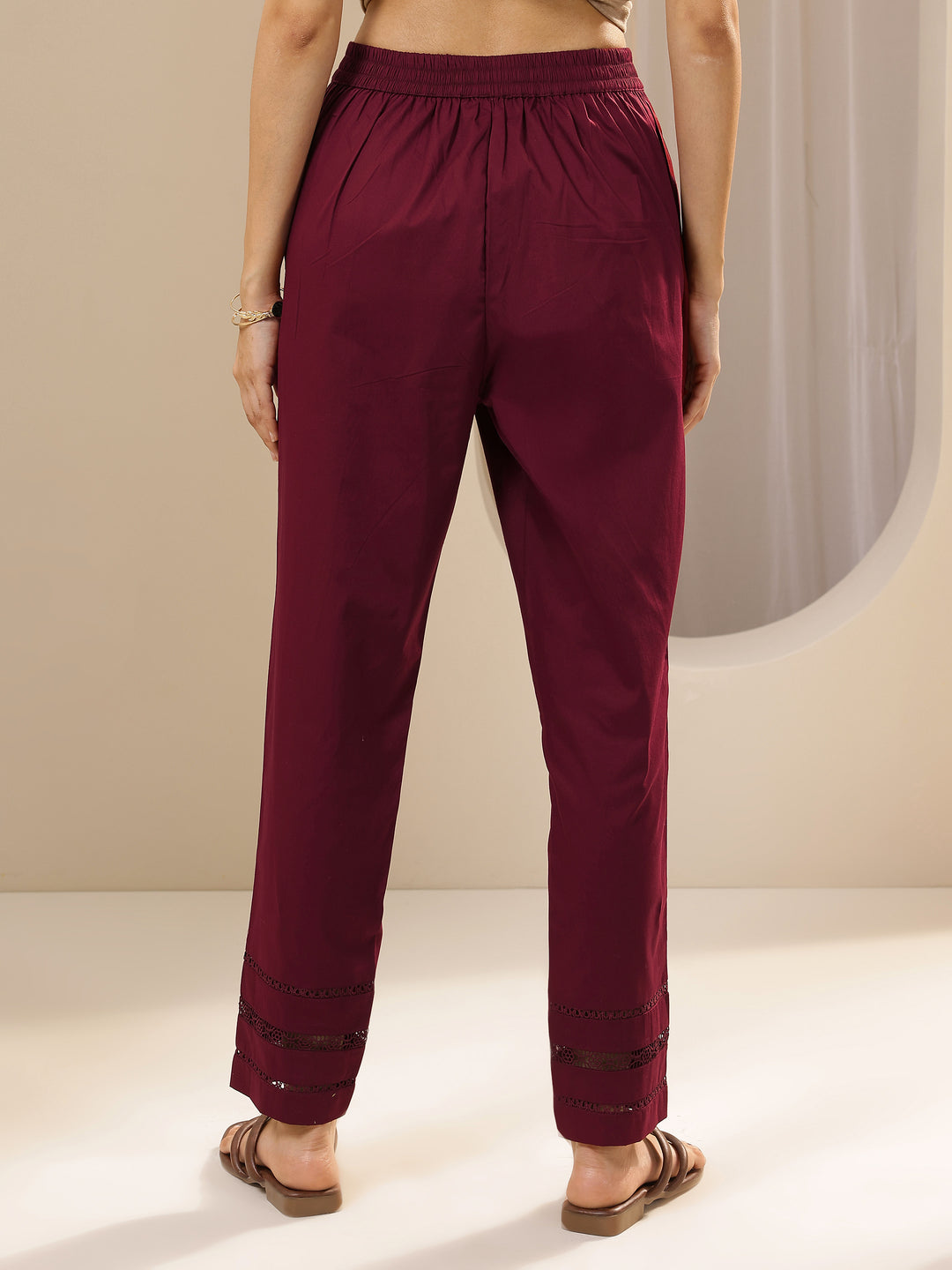 Maroon Solid Cotton Trousers