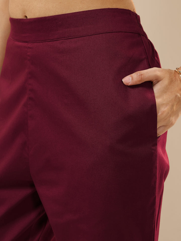 Maroon Solid Cotton Trousers