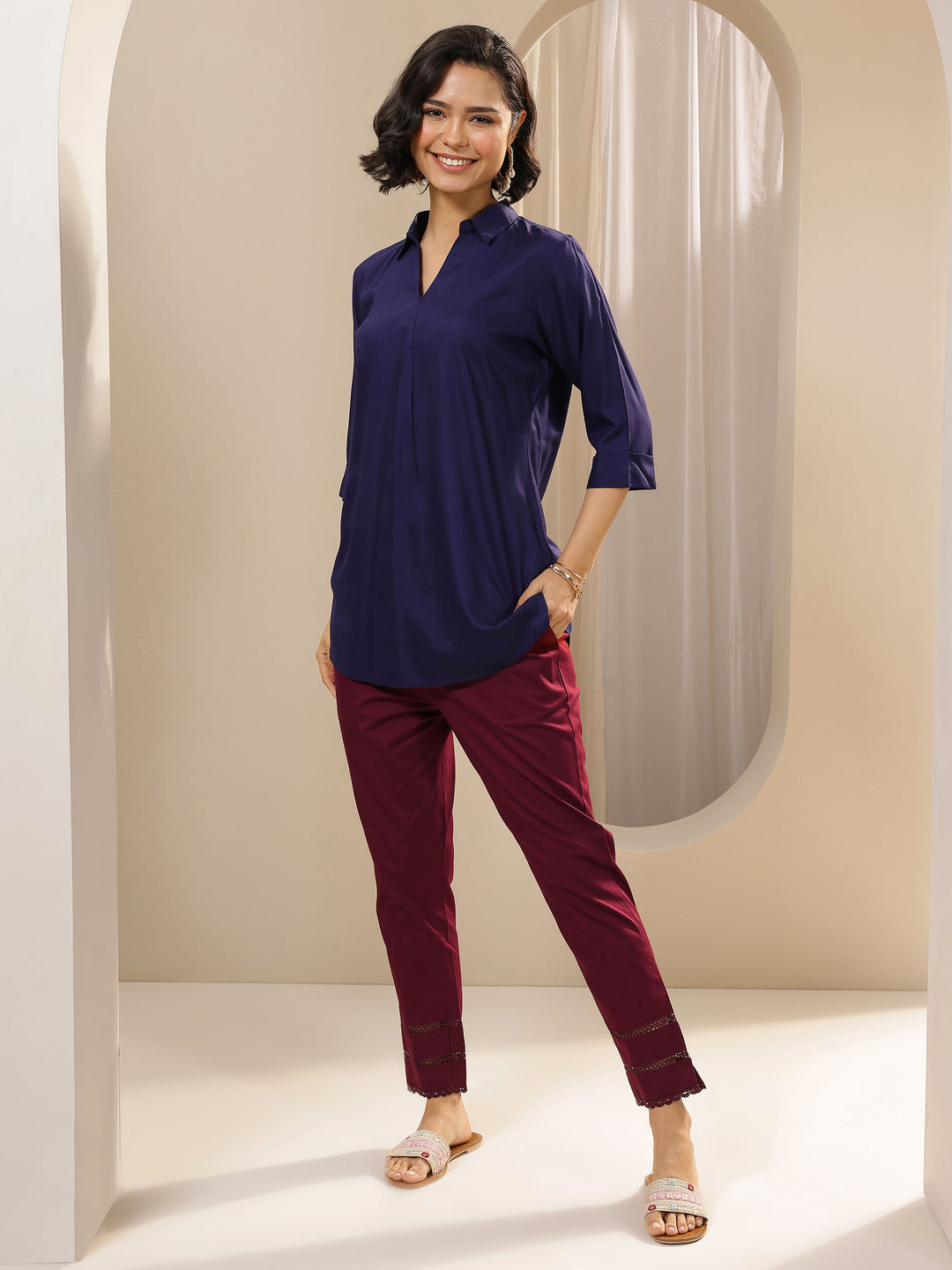 Maroon Solid Cotton Trousers