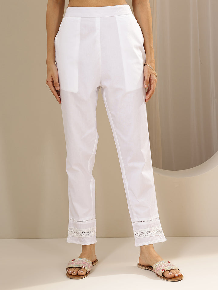 White Solid Cotton Trousers