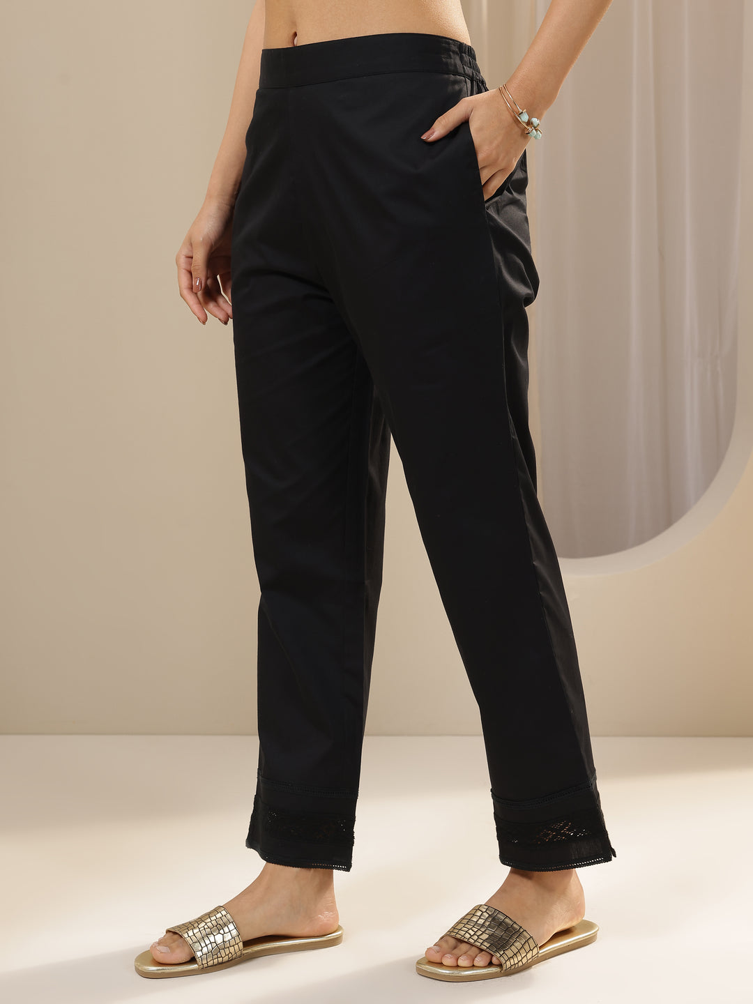 Black Solid Cotton Trousers