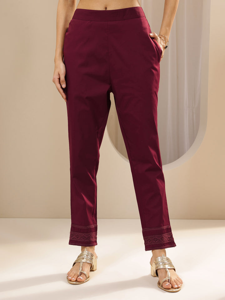 Maroon Solid Cotton Trousers