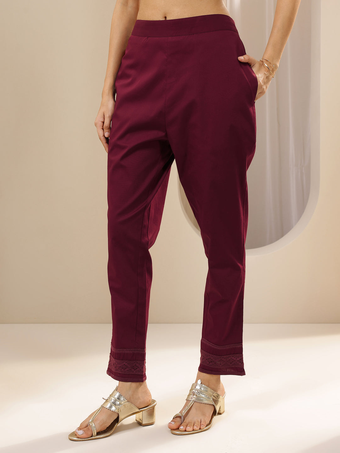 Maroon Solid Cotton Trousers