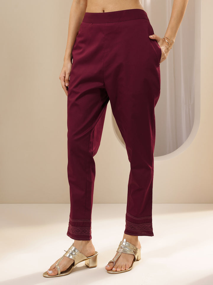 Maroon Solid Cotton Trousers