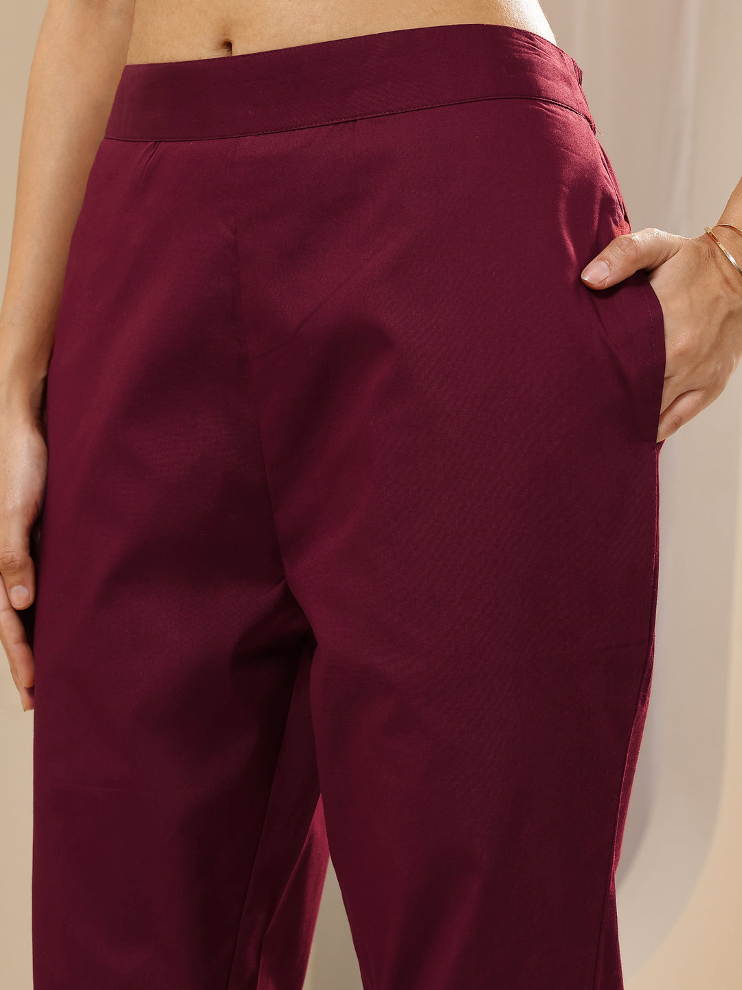 Maroon Solid Cotton Trousers