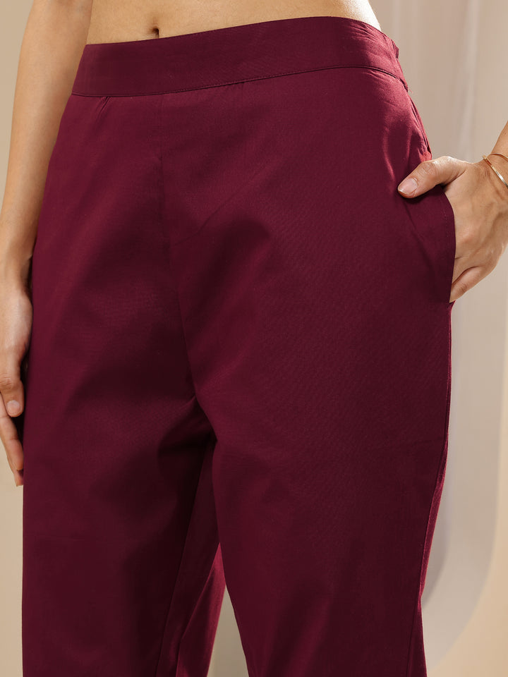 Maroon Solid Cotton Trousers