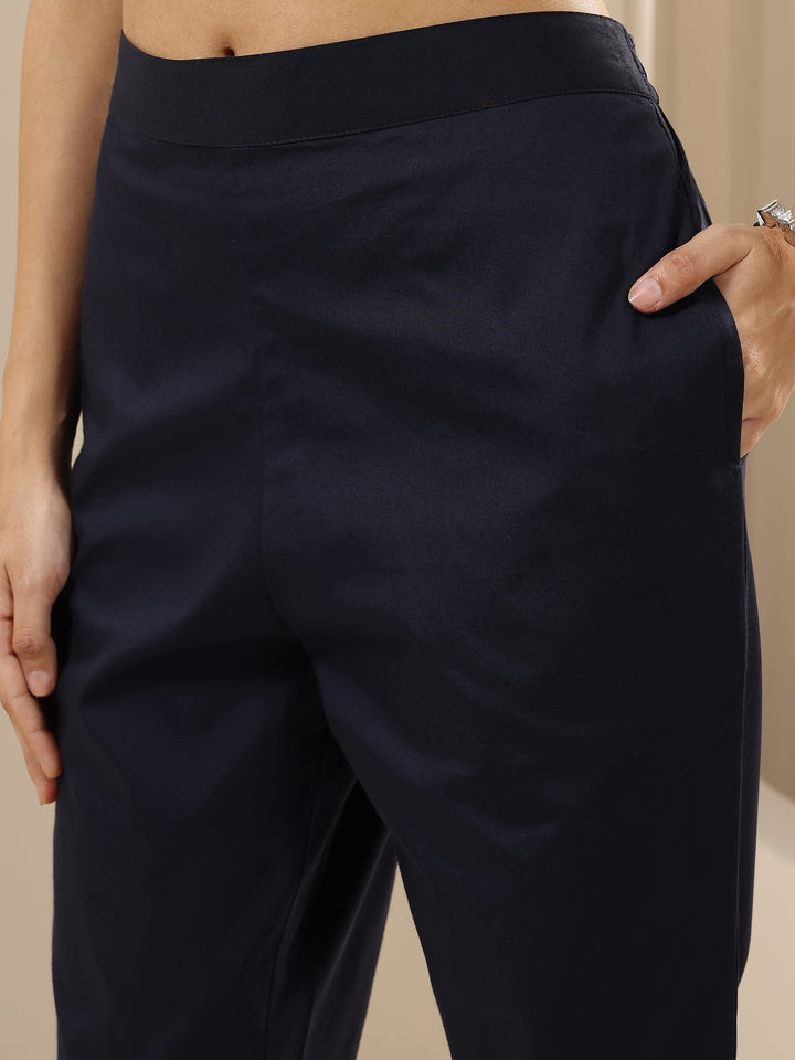 Blue Solid Cotton Trousers