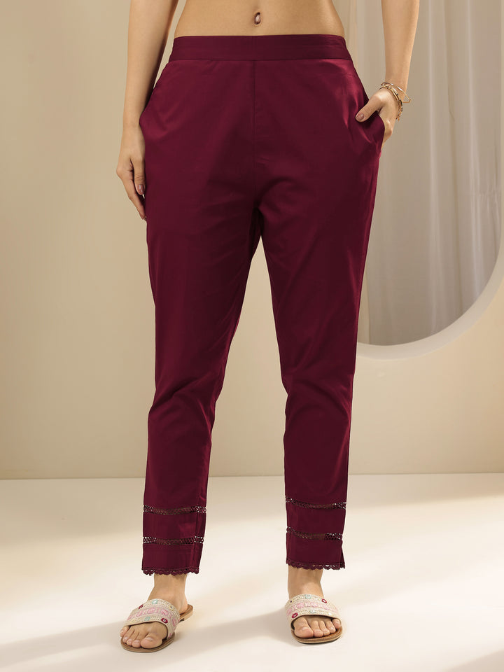 Maroon Solid Cotton Trousers