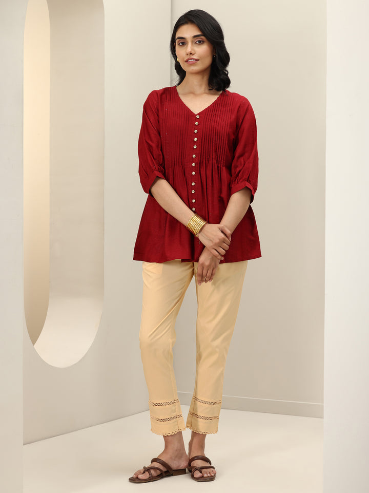 Beige Solid Cotton Trousers