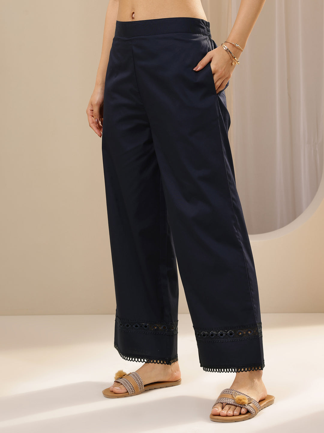 Blue Solid Cotton Palazzos