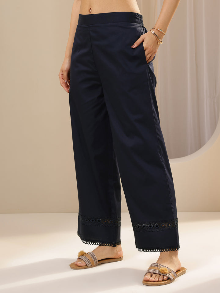 Blue Solid Cotton Palazzos