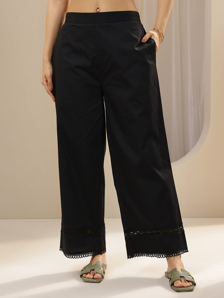 Black Solid Cotton Palazzos