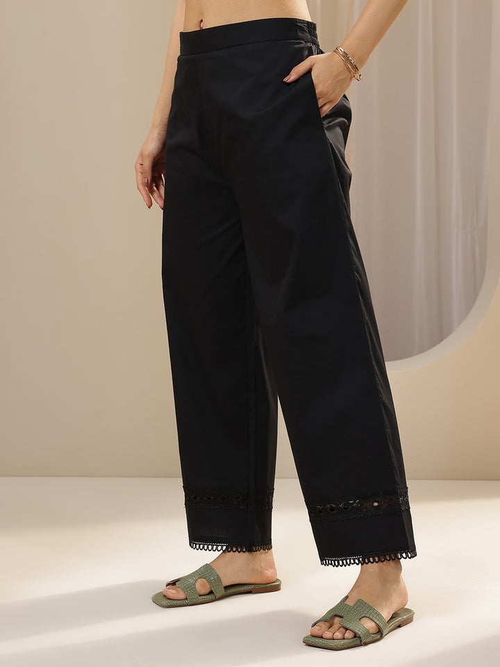 Black Solid Cotton Palazzos