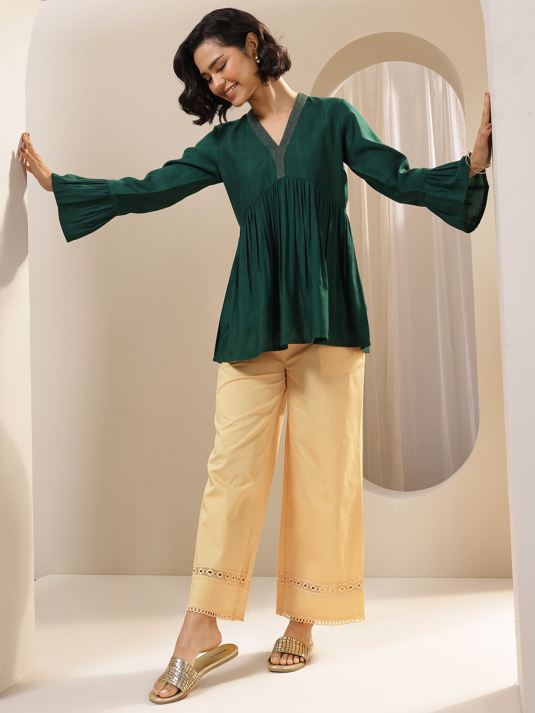 Beige Solid Cotton Palazzos