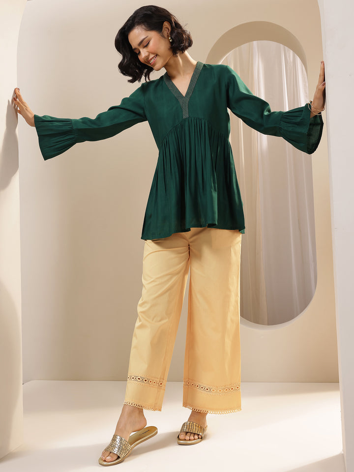 Beige Solid Cotton Palazzos