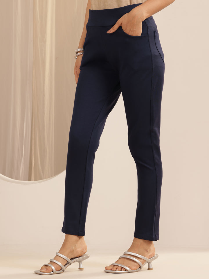 Navy Blue  Solid Rayon Blend Jegging