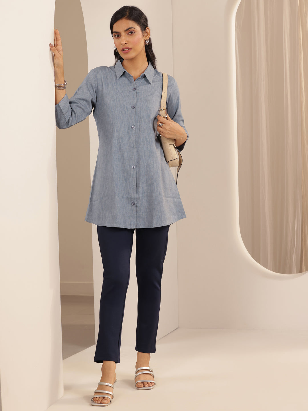 Navy Blue  Solid Rayon Blend Jegging