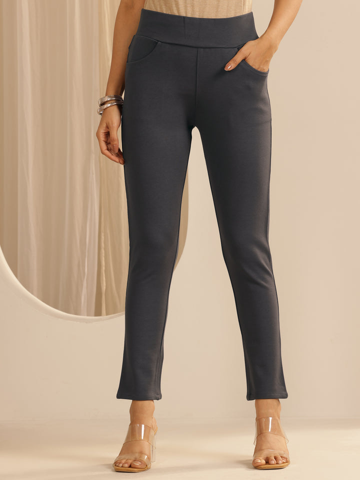 Charcoal Grey Solid Rayon Blend Jegging