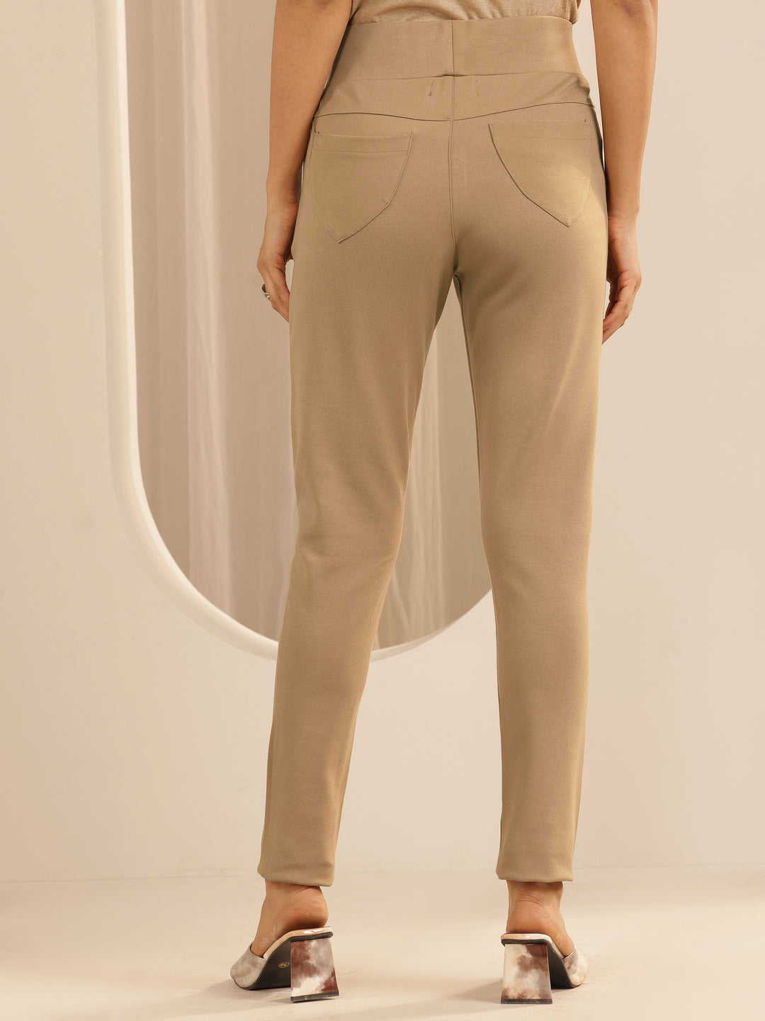 Beige Solid Rayon Blend Jegging