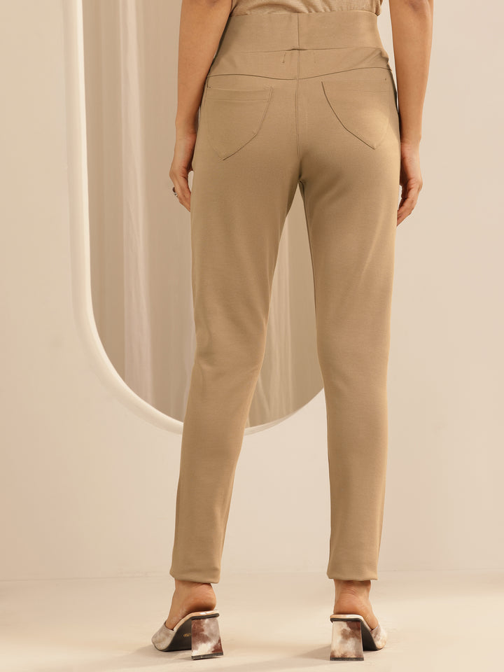 Beige Solid Rayon Blend Jegging