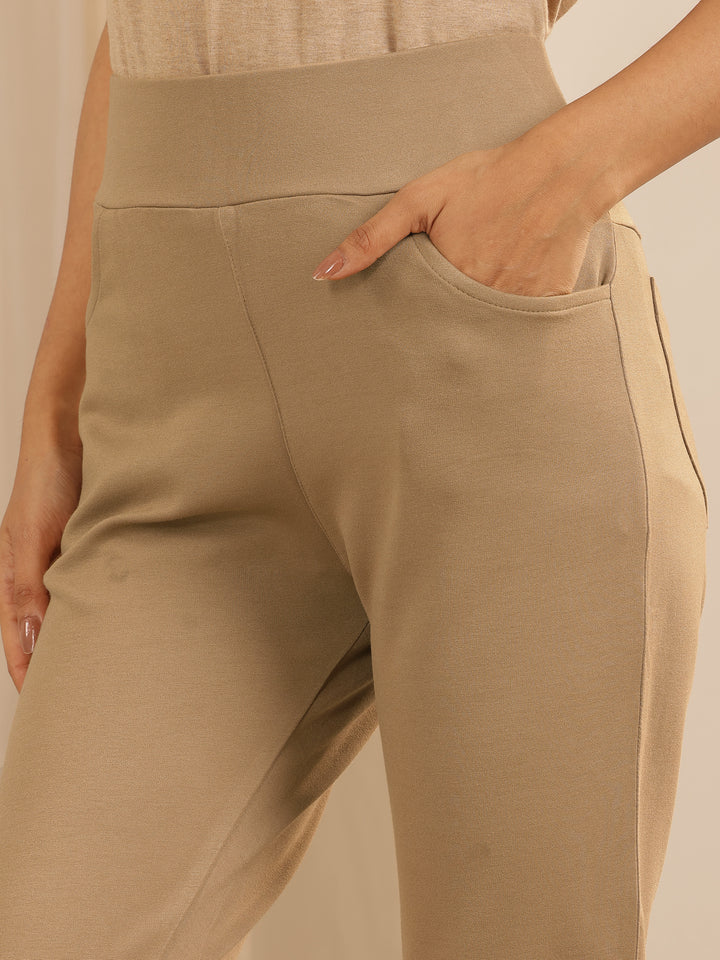 Beige Solid Rayon Blend Jegging