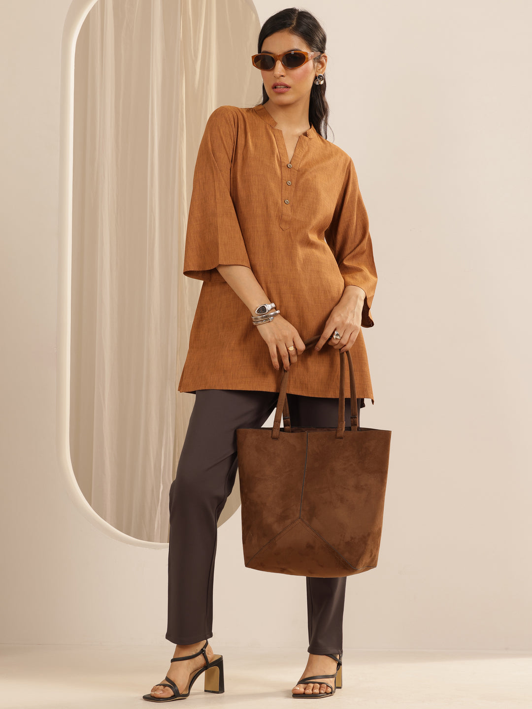 Brown Solid Rayon Blend Jegging