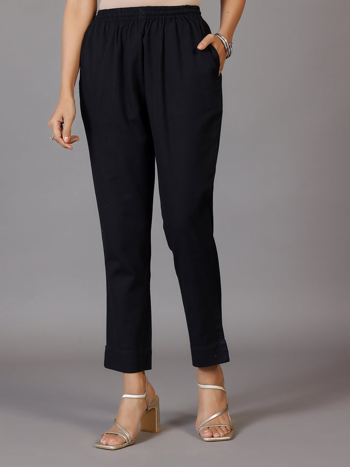 Black Solid Cotton Trousers