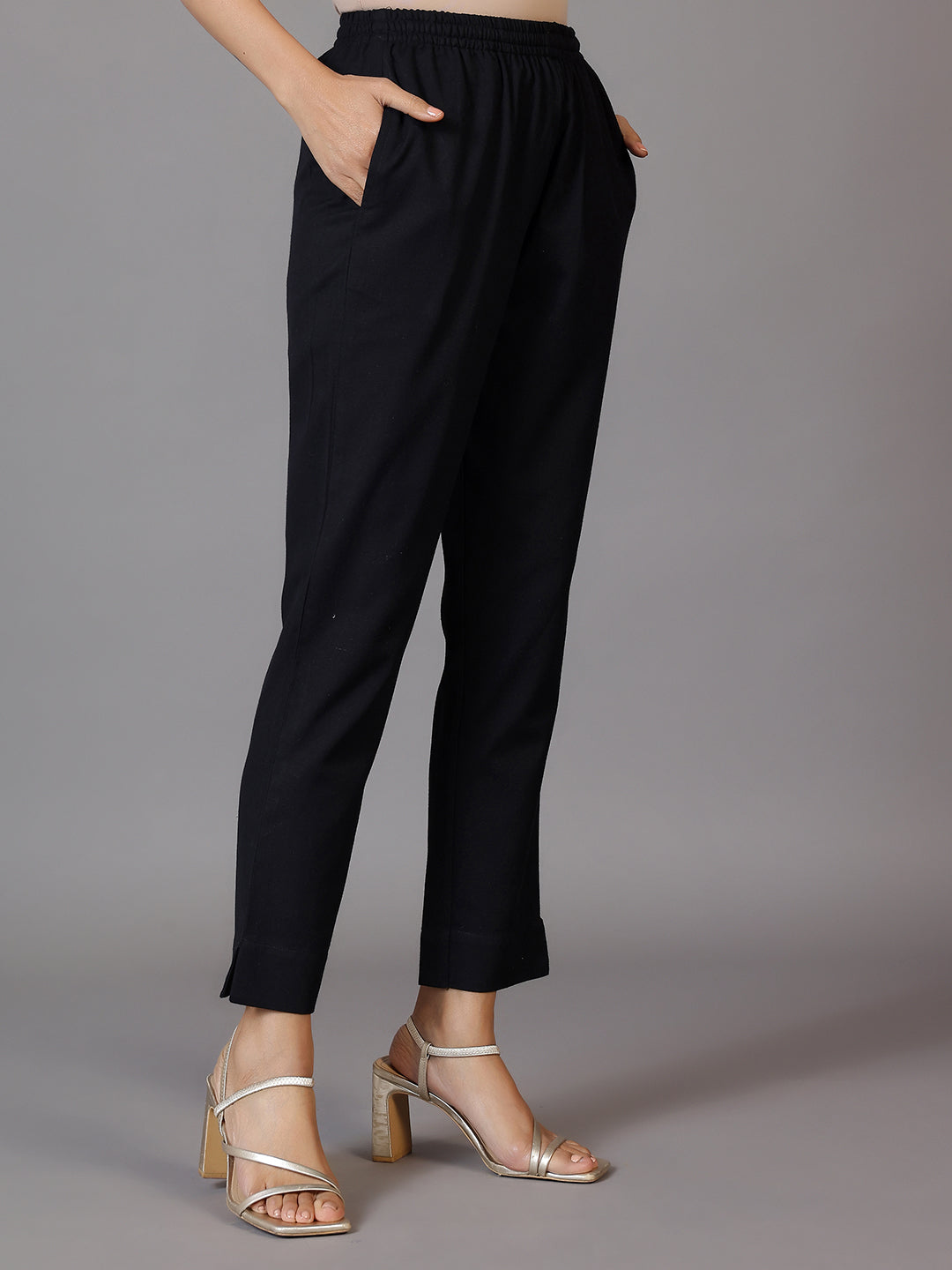 Black Solid Cotton Trousers