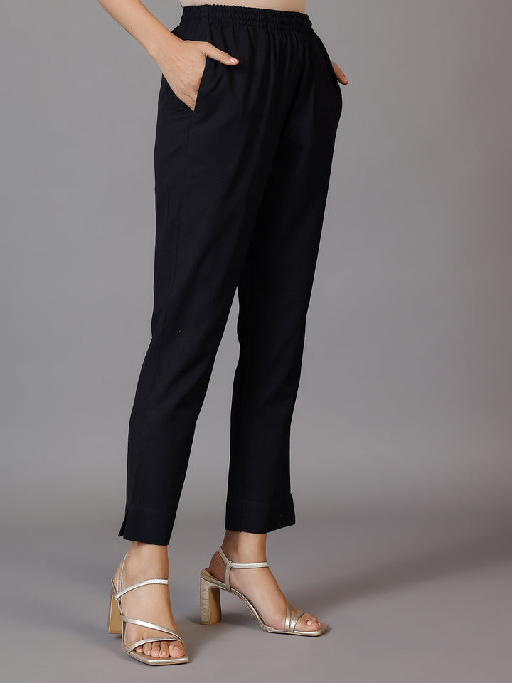 Black Solid Cotton Trousers