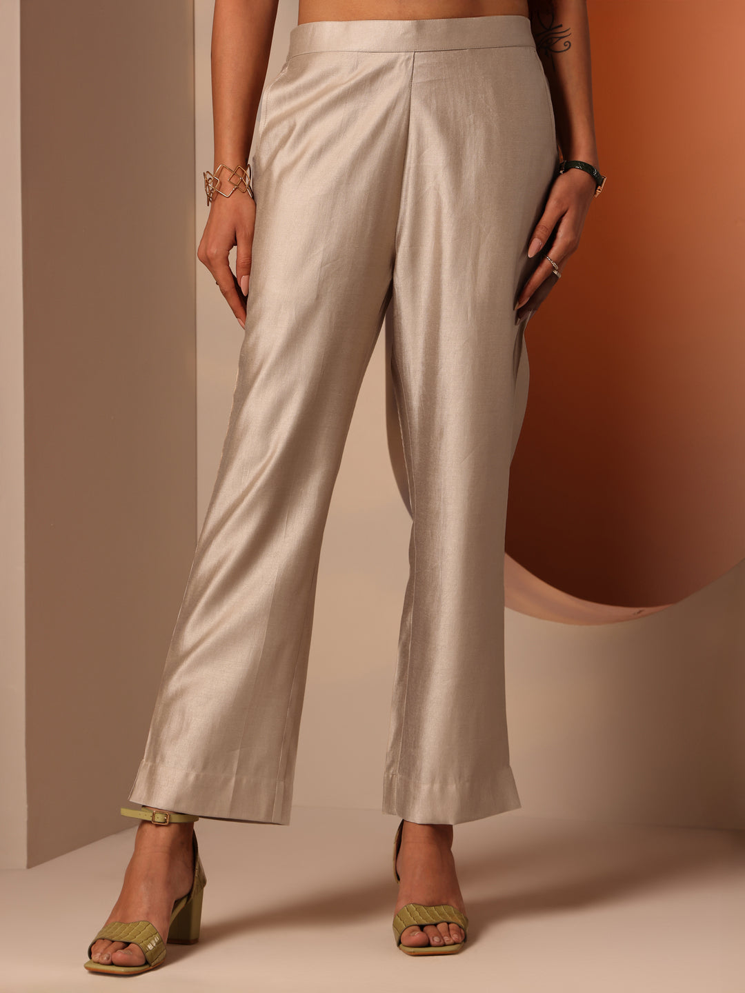 Beige Solid Silk blend Trouser