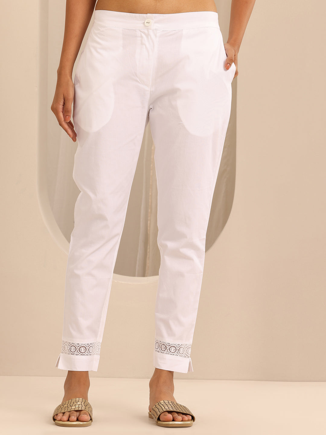 White Solid Cotton Trousers
